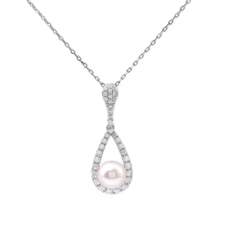 Ethereal Dewdrop: 16-Inch Pearl & Moissanite Pear Pendant Necklace