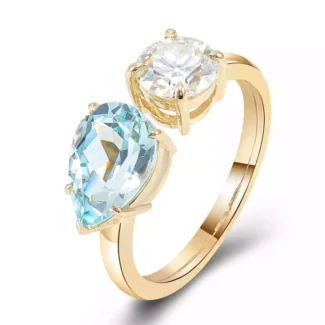 Toi et Moi Aquamarine and Round Moissanite Dual Stone Ring in Yellow Gold