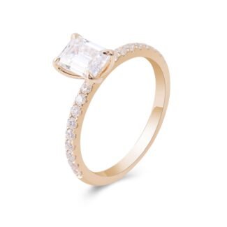 Magnificent Yellow Gold 1.3CT Emerald Cut Moissanite Pave Ring