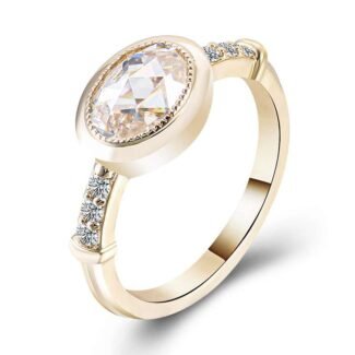 ​Oval Solitaire Rose Cut Ring | 1.5 Carat Moissanite & Accents in 14K Yellow Gold​