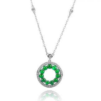 Emerald and Diamond Halo Circle of Life Necklace | 18k White Gold Station Chain