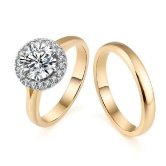 Round cut moissanite solitaire halo wedding ring set