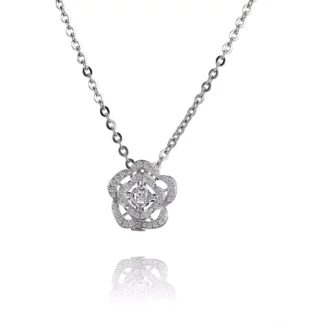 Camellia Clasp Pendant | 18K White Gold Camellia Clasp Necklace with Round-Cut Lab Diamonds