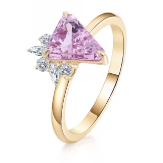 Sakura Pink Lab Gemstone Ring | Dew-Kissed Triangle with Moissanite & Gold Band​