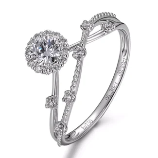 Lab Diamond Halo Ring with Asymmetrical Vine Shank | 18k White Gold