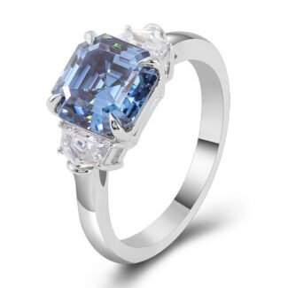Breathtaking White Gold 3CT Blue Asscher Cut Moissanite Three Stone Ring