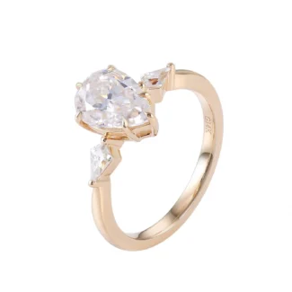 Glamorous Yellow Gold 2.3CT Pear Cut Moissanite Three Stone Ring
