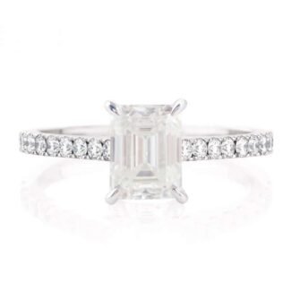 Emerald cut moissanite engagement ring wiht hidden halo