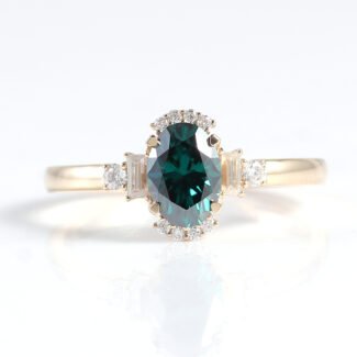 Customizable Classic Prong-Set Green Moissanite Ring with Round and Emerald Accents