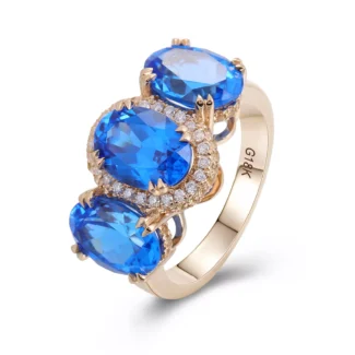 ​​Cobalt Blue Lab Gemstone Ring | 18K Gold Halo Setting with Moissanite Embrace​
