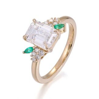 Exquisite Emerald & moissanite Accents Yellow Gold Ring