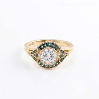 Exquisite Round Diamond Ring with Green Accents and Filigree Design