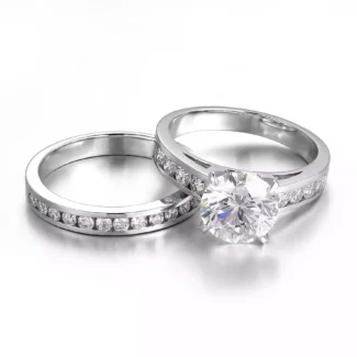 Moissanite Engagement & Wedding Ring Set – Classic Solitaire with Channel-Set Band for Couples
