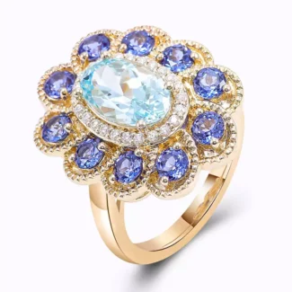 Vintage Halo Aquamarine and Sapphire Floral Ring in Yellow Gold