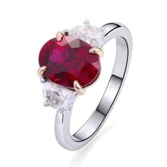 Exquisite Pigeon Blood Ruby Lab Gemstone White Gold Three Stone Ring