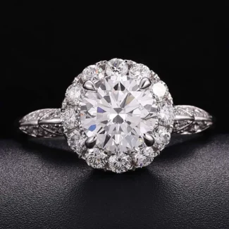 Fabulous Leaf Ring Shoulders 1.5CT Round Cut Lab Diamond Halo Ring