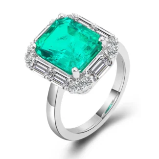 Dazzling White Gold Zambia 5.5CT Emerald Cut Lab Gemstone halo Ring