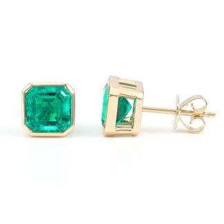 Elegant Yellow Gold Asscher Cut Green Lab Gemstone Stud Earrings