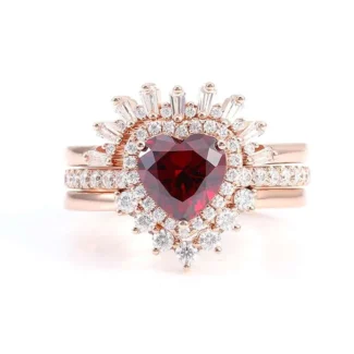 Pigeon Blood Heart Stackable Ring | 14K Rose Gold Three-Band Ring with Diamond Petals & Lace Edging