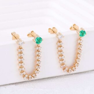 Round Emerald Gemstone and Colorless Diamond Chain Earrings