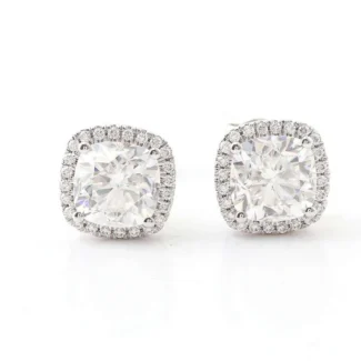 Gorgeous White Gold Cushion Cut Moissanite Halo Stud Earrings