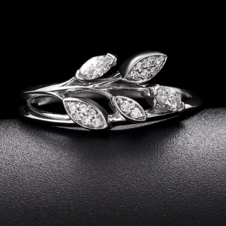 Botanical Marquise and Round Lab Diamond Leaf Ring in 18k White Gold