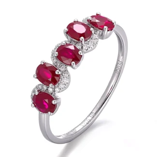 Ruby Oval Cluster Ring | Platinum Ring with Oval-Cut Rubies & Lab Diamond Halos